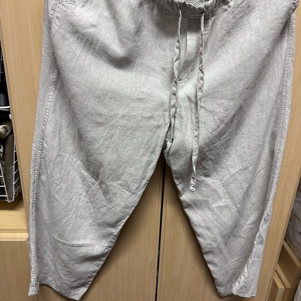 ALLEN ALLEN tan crop linen pants with drawstring &belt loop waist. Wider leg. Xl